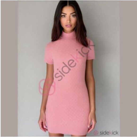 Vintage 90's Gap Barbie Sweater Dress Stretchy bodycon Cable Knit Mock Neck Pink - Picture 4 of 16